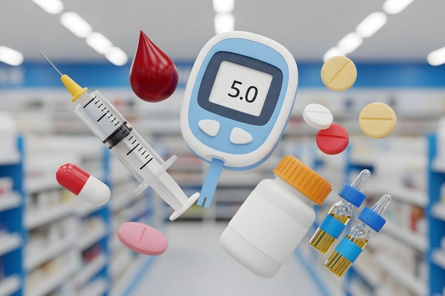 A collection of medical supplies, including a blood glucose meter, syringe, and supplements, float in a pharmacy setting.